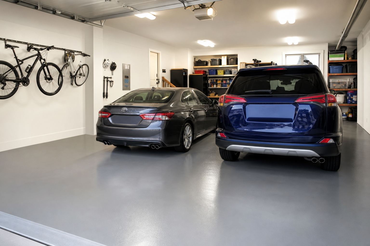Freshly painted medium gray concrete garage floor with sealed sheen and organized wall storage