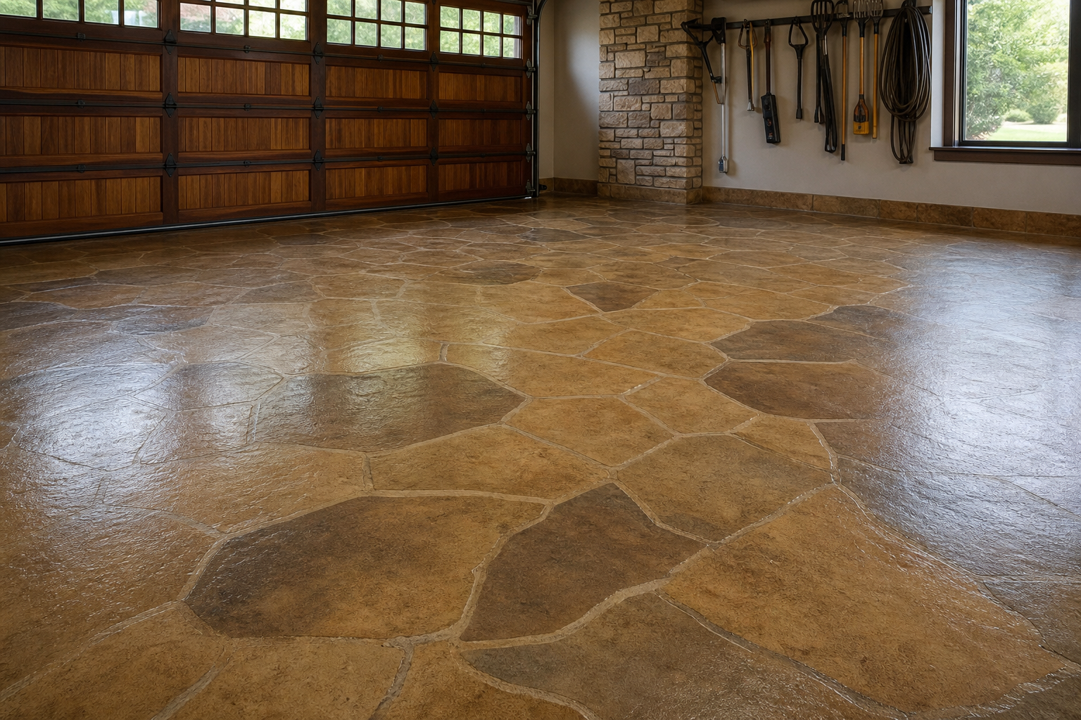 Painted faux flagstone pattern on a garage concrete floor in warm tan and brown tones