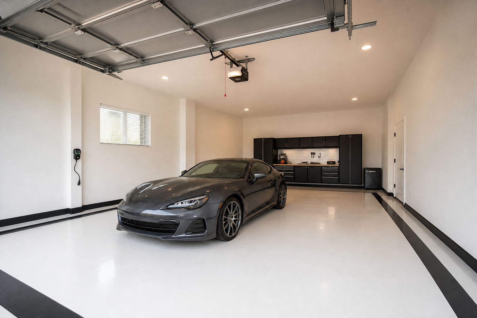 White painted concrete garage floor with black painted border stripe and high-gloss sealer