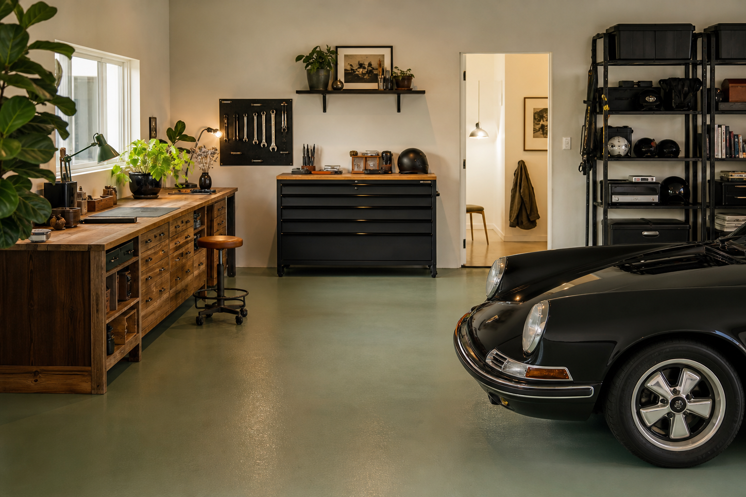 Sage green painted concrete garage workshop floor with satin finish and organized wooden workbench