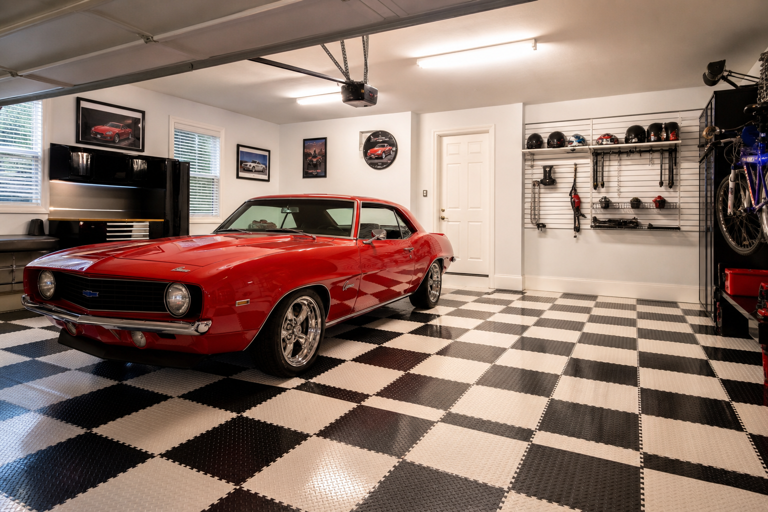Classic black and white checkerboard interlocking tile garage floor with red vintage muscle car