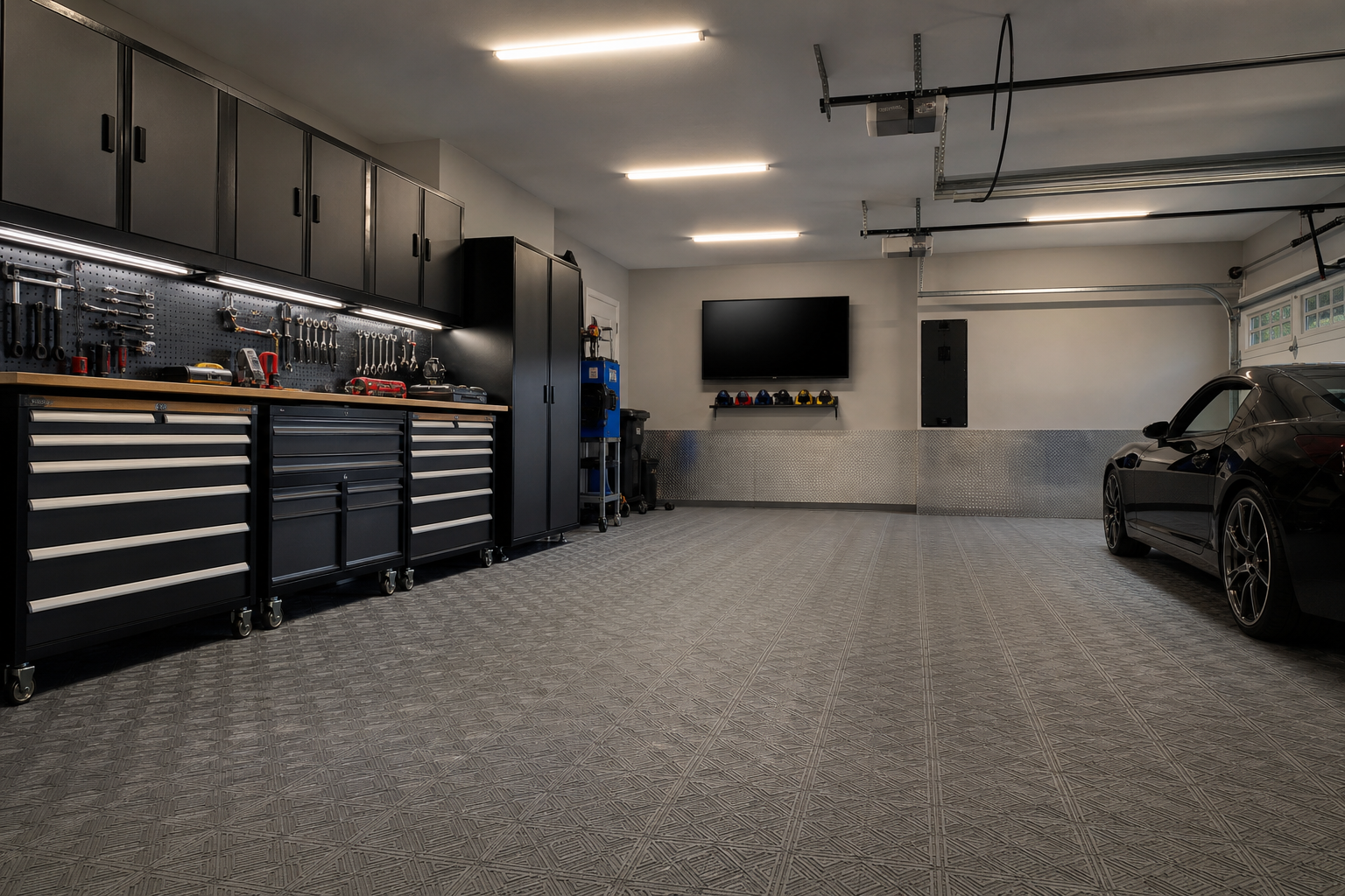 Gray diamond-plate texture interlocking polypropylene garage floor tiles in a clean workshop
