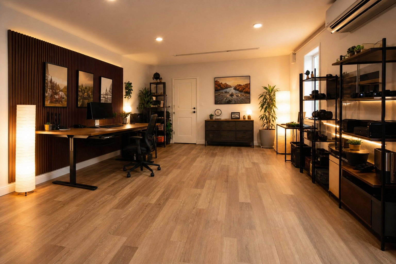 Tan wood-look vinyl interlocking tiles in a garage converted to a home office studio