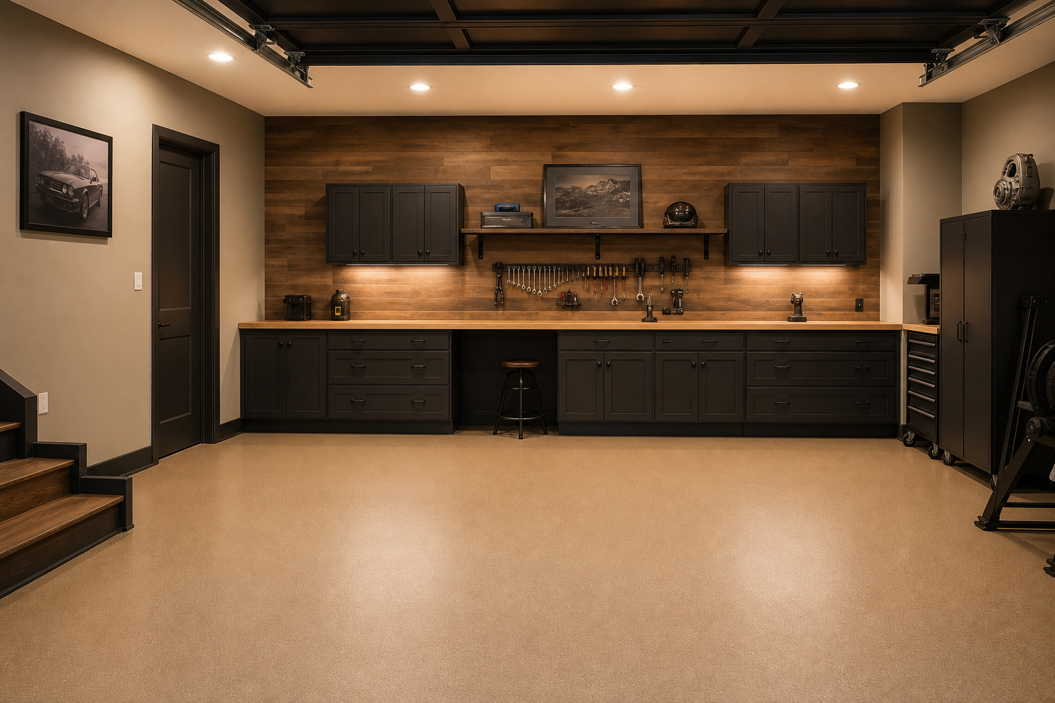 Warm greige painted garage walls with natural wood accent panel and tan epoxy floor
