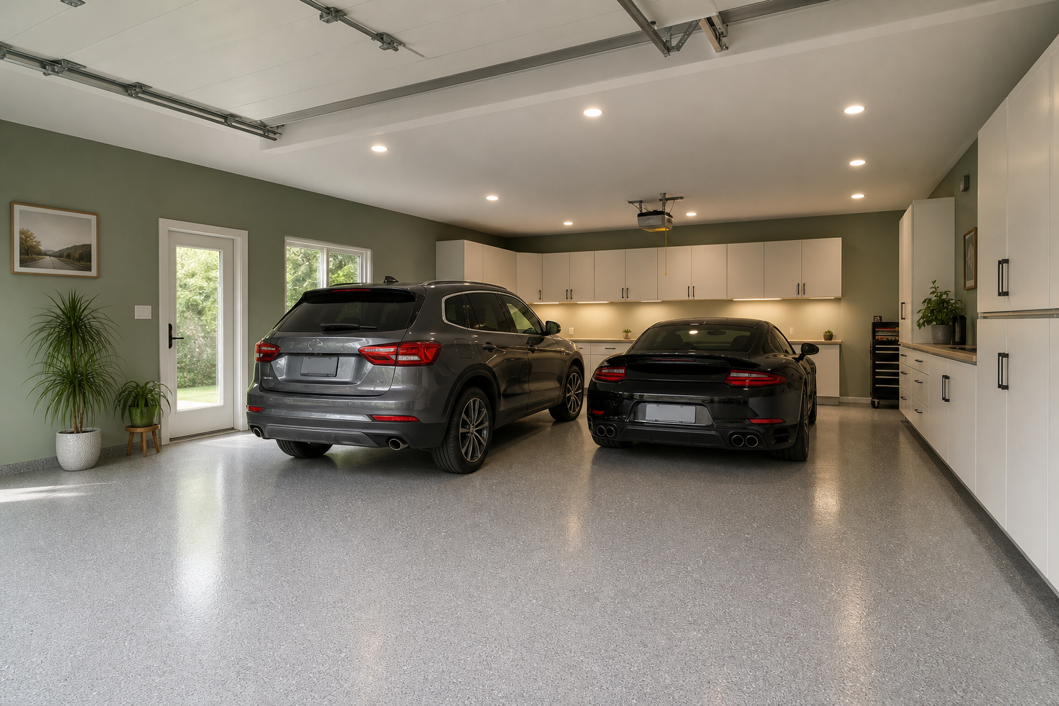 Sage green garage walls with gray epoxy floor and white storage cabinets