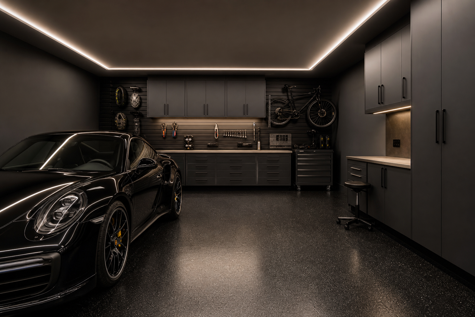 Dark gray garage walls with black epoxy floor and matte black metal wall panels