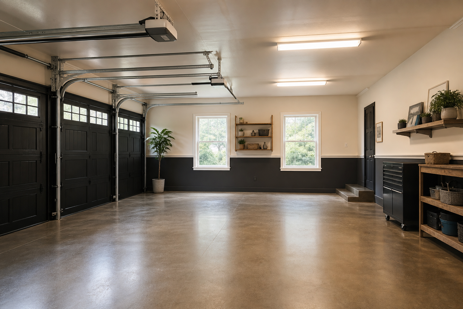 Two-tone garage wall paint with charcoal lower half and warm white upper half