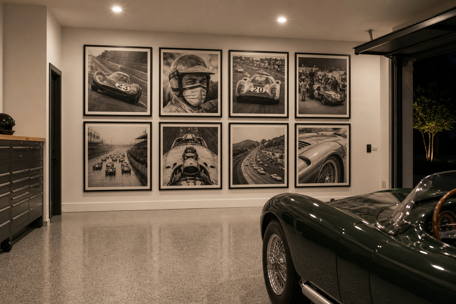 Garage accent wall with vintage automotive racing posters in black frames on white wall