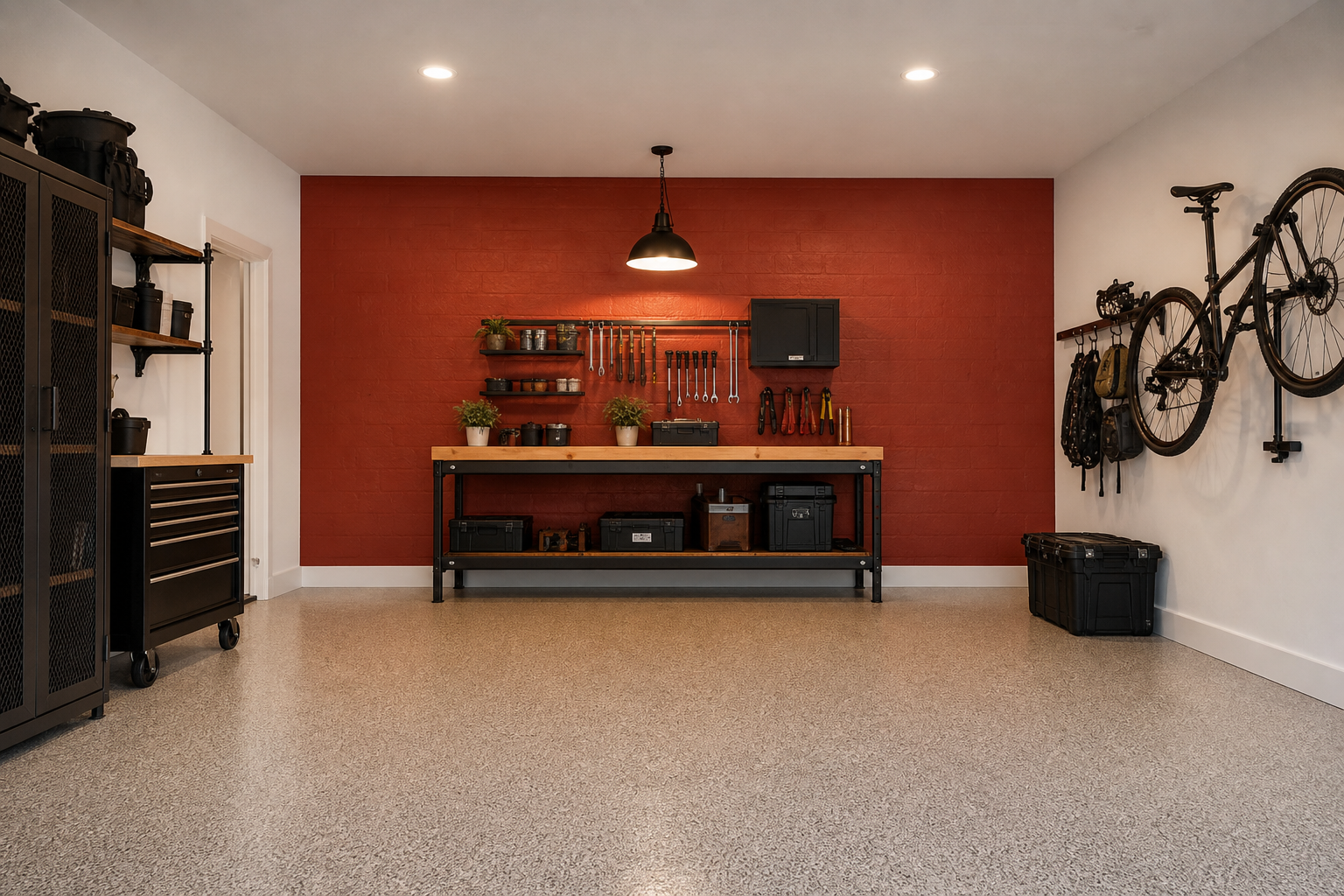 Brick red painted garage accent wall with wooden workbench and industrial pendant light