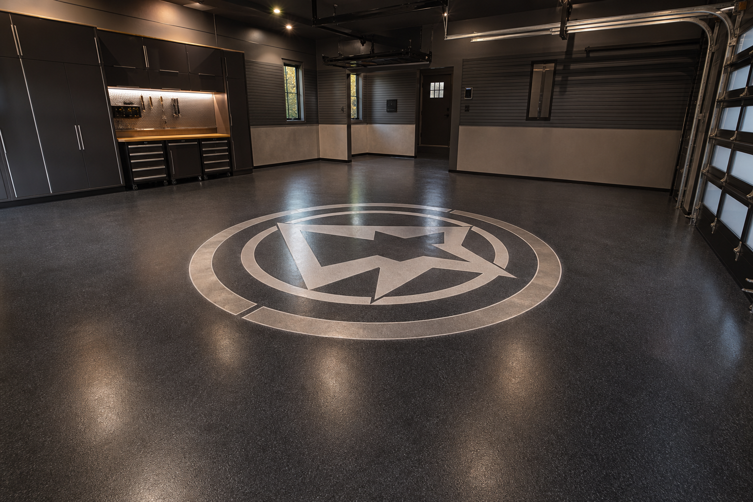 Custom epoxy garage floor with large circular metallic logo emblem inlaid in center