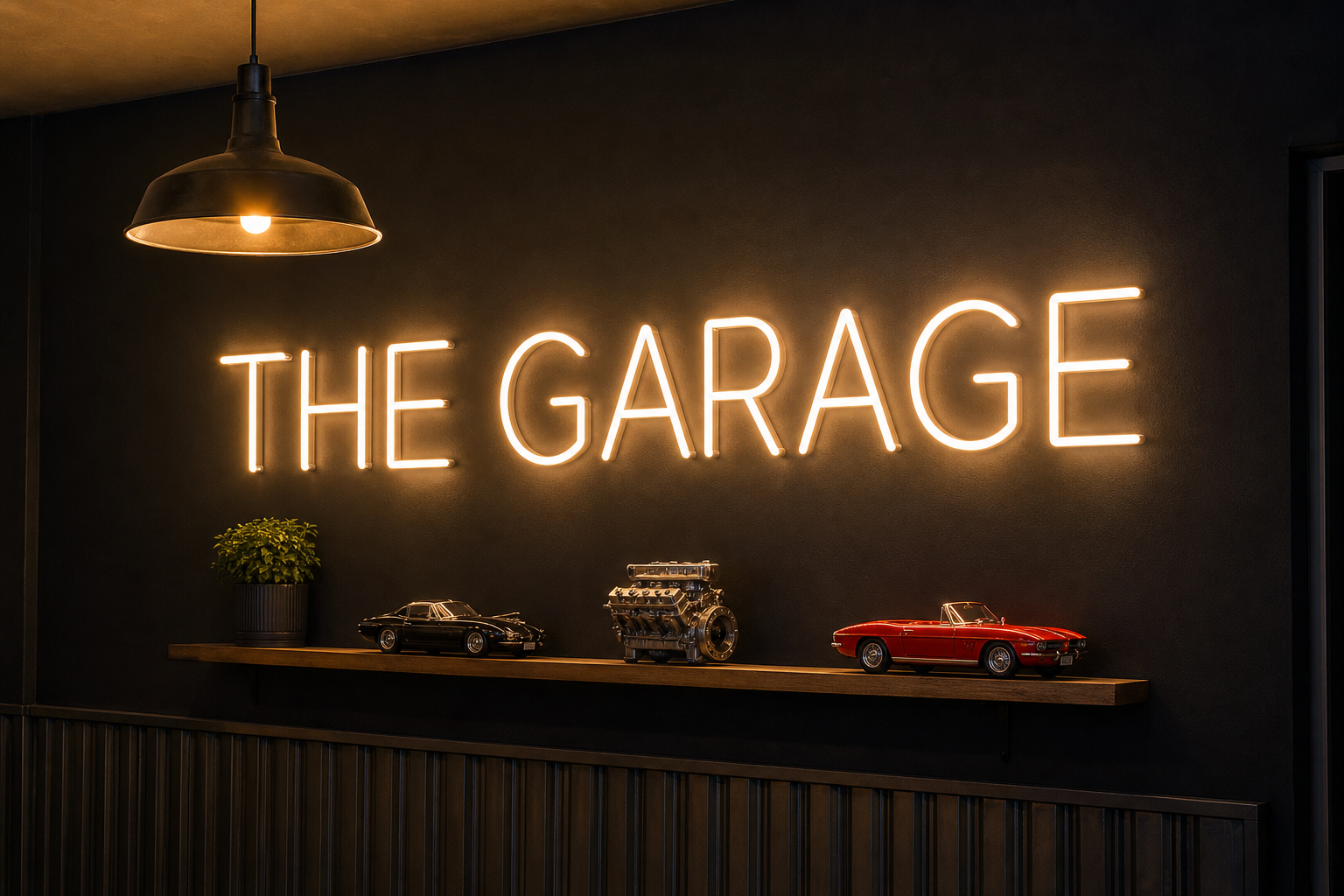 Neon LED sign reading THE GARAGE mounted on dark wall with collectibles shelf below