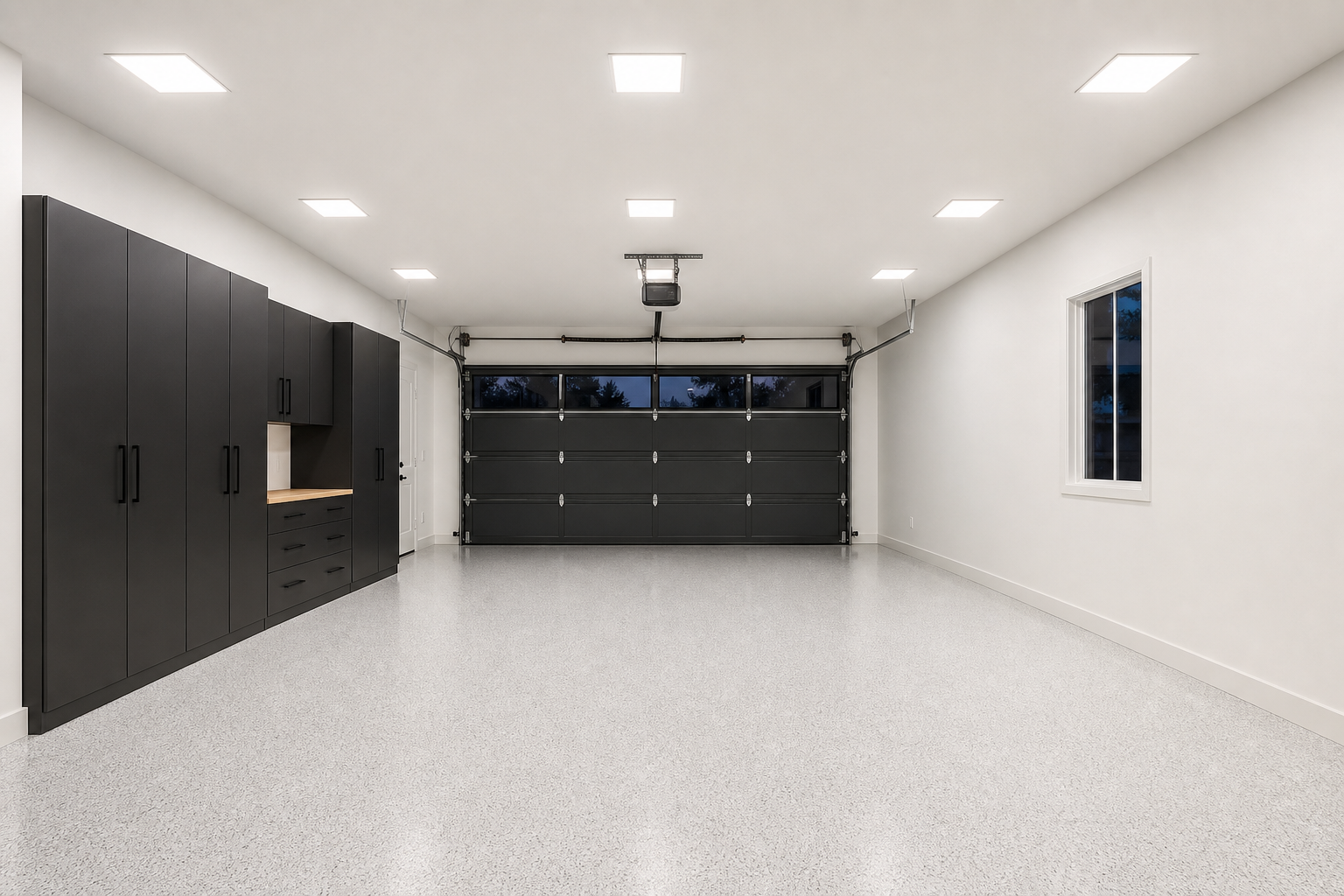 Two car garage with four rows of flush mount LED panel lights for even illumination