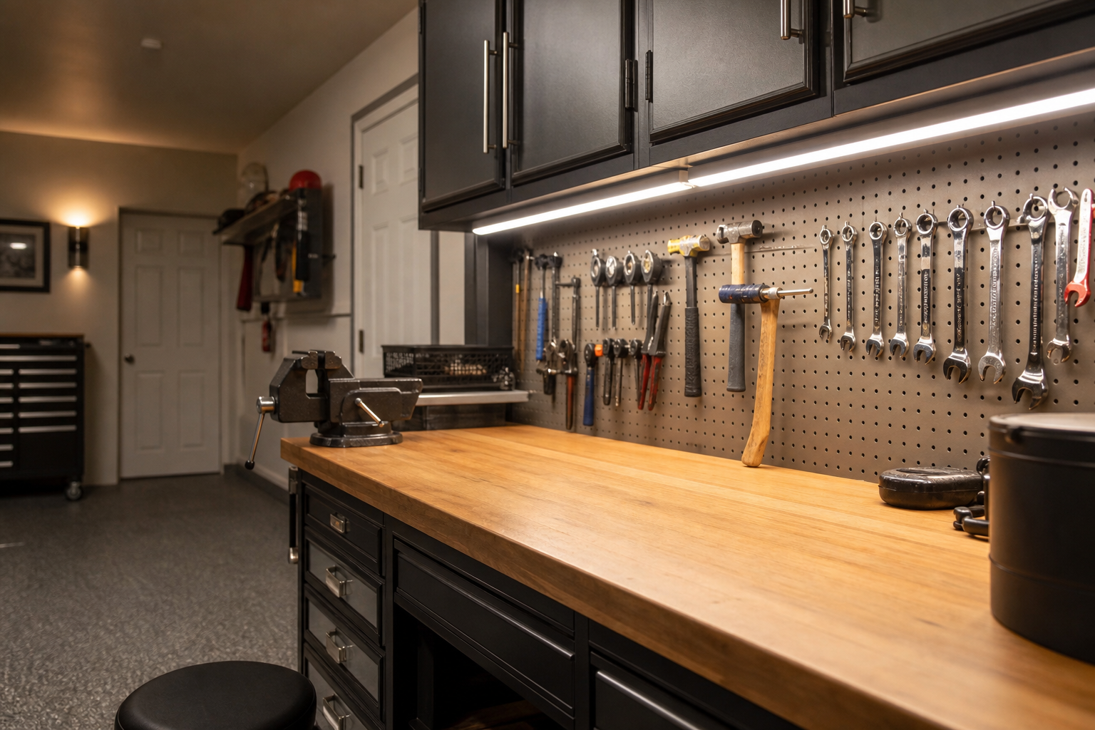 Under cabinet LED strip lighting casting task light on a garage workbench surface