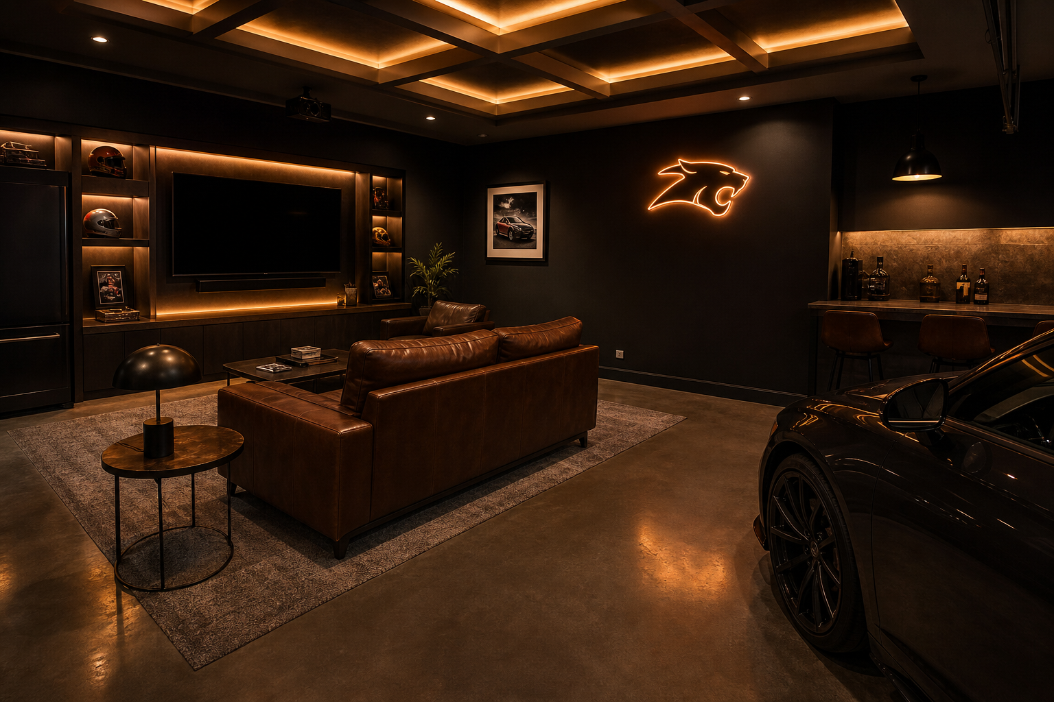 Garage man cave with warm amber recessed lights neon sign and LED strip lighting behind TV