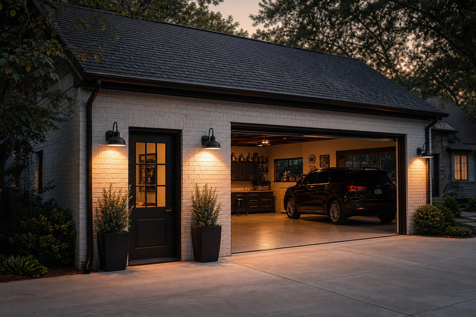 Black metal sconce lights flanking a garage side entry door at dusk on painted brick facade
