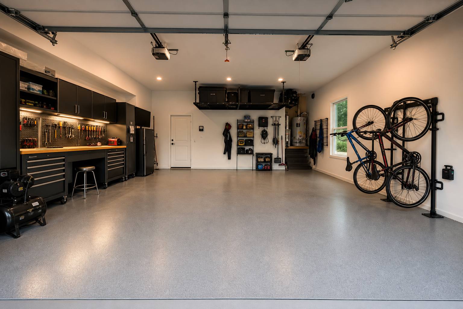 Two car garage with workshop zone on left and clear vehicle parking on right