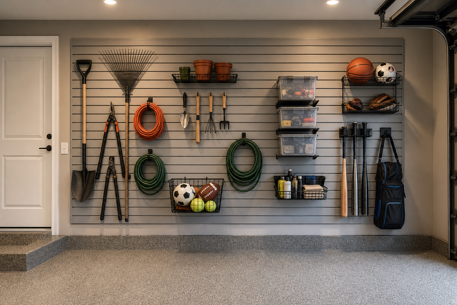 Floor to ceiling gray slatwall panel with hooks baskets and organized garage tools