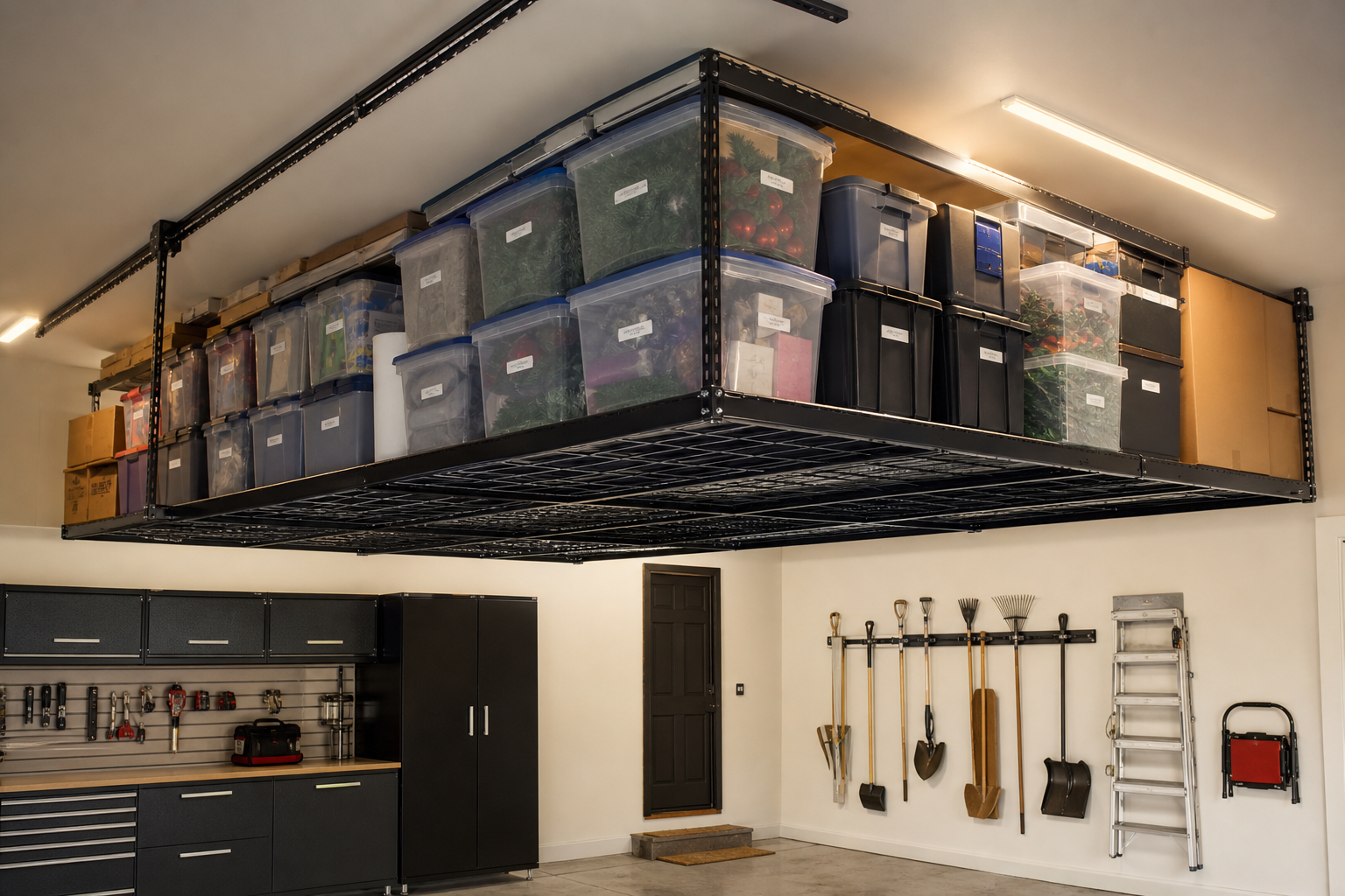 Heavy duty ceiling mounted overhead storage rack with labeled bins and totes in garage