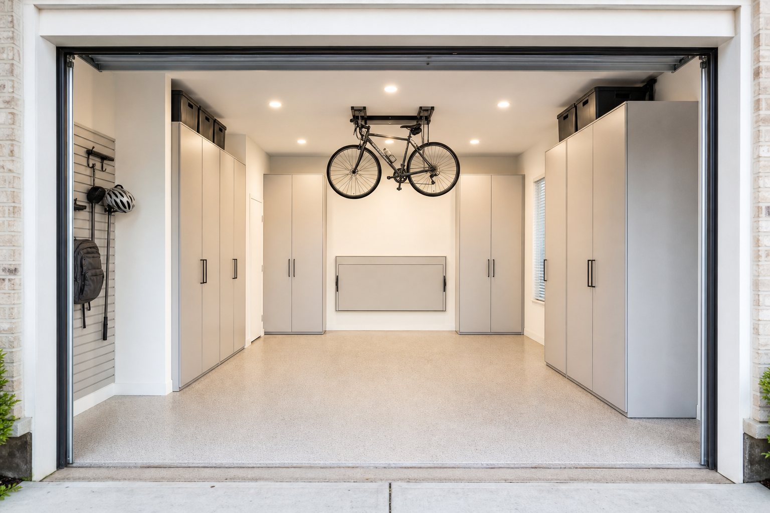 Small one car garage with tall wall cabinets fold down workbench and ceiling bike hoist