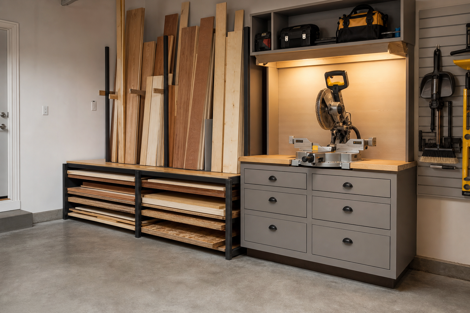 Garage workshop corner with vertical lumber storage rack and miter saw station with drawers