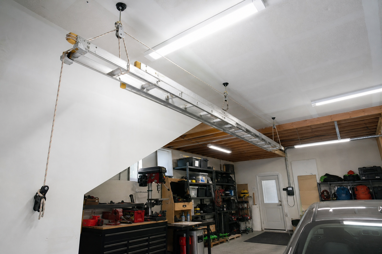 Aluminum extension ladder raised to garage ceiling with rope pulley hoist system
