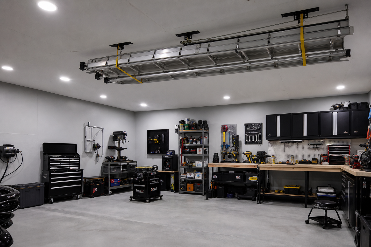 Step ladder and extension ladder both stored side by side on dual-strap ceiling hoist in garage