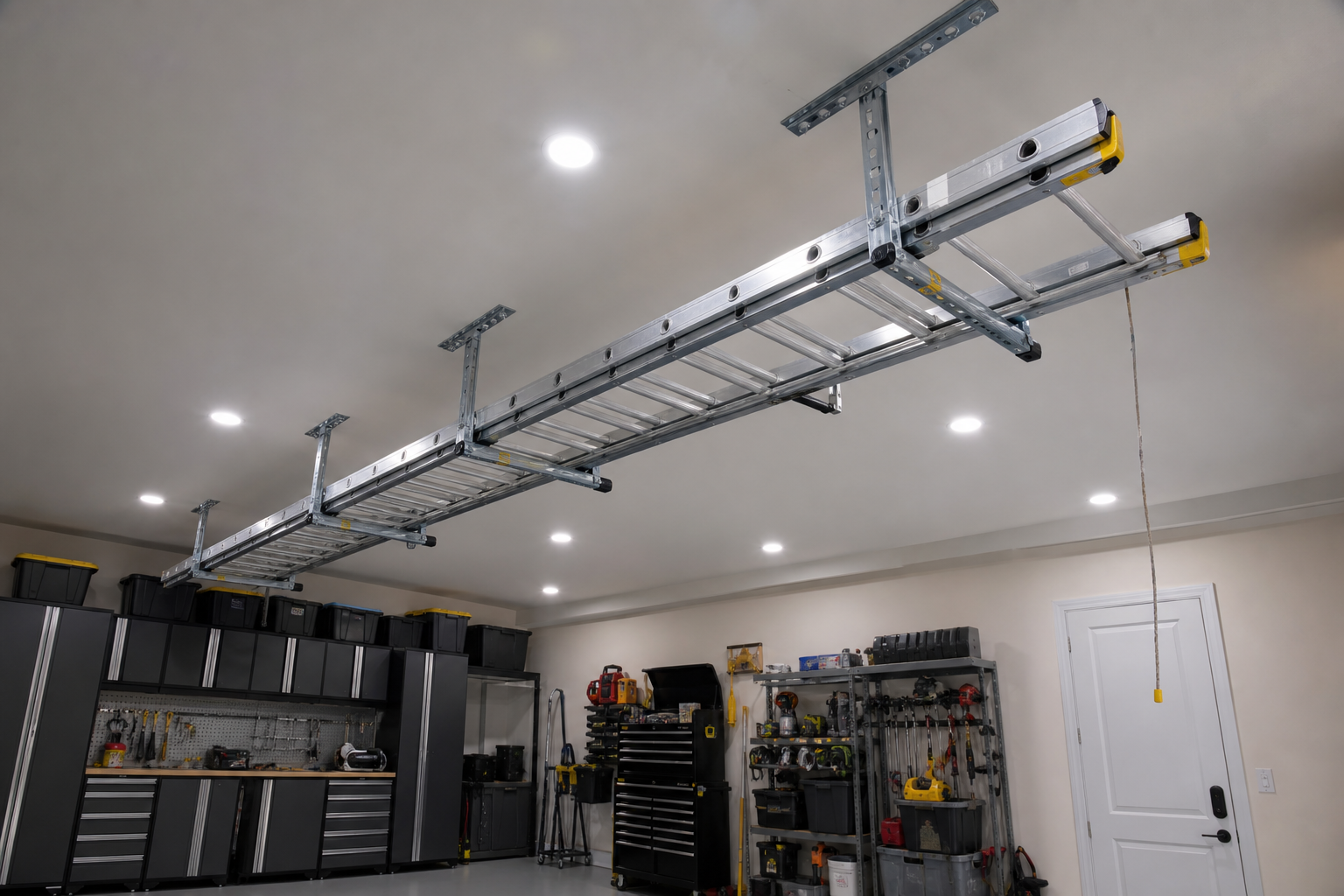Long extension ladder stored flat overhead on steel ceiling rails in high-ceiling garage