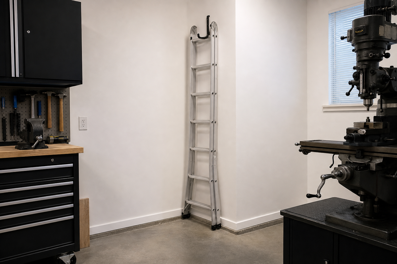 Aluminum step ladder standing upright in white garage corner secured with single wall hook