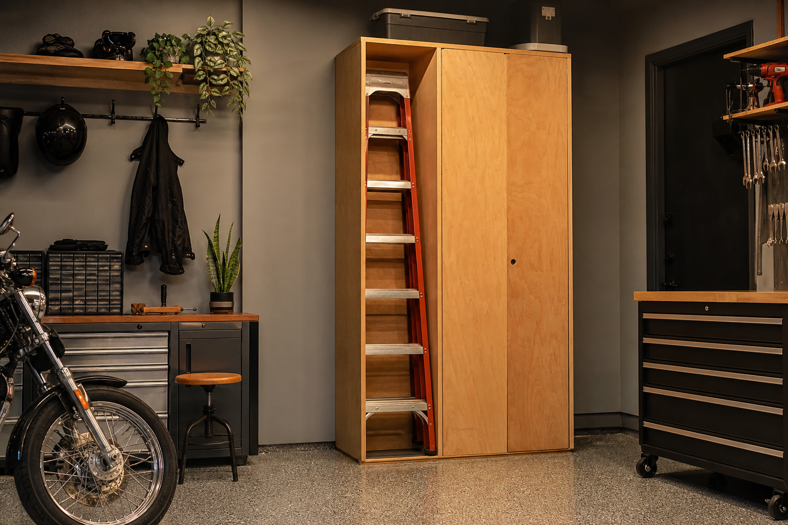 Tall fiberglass ladder stored vertically inside custom built-in corner cabinet with open slot