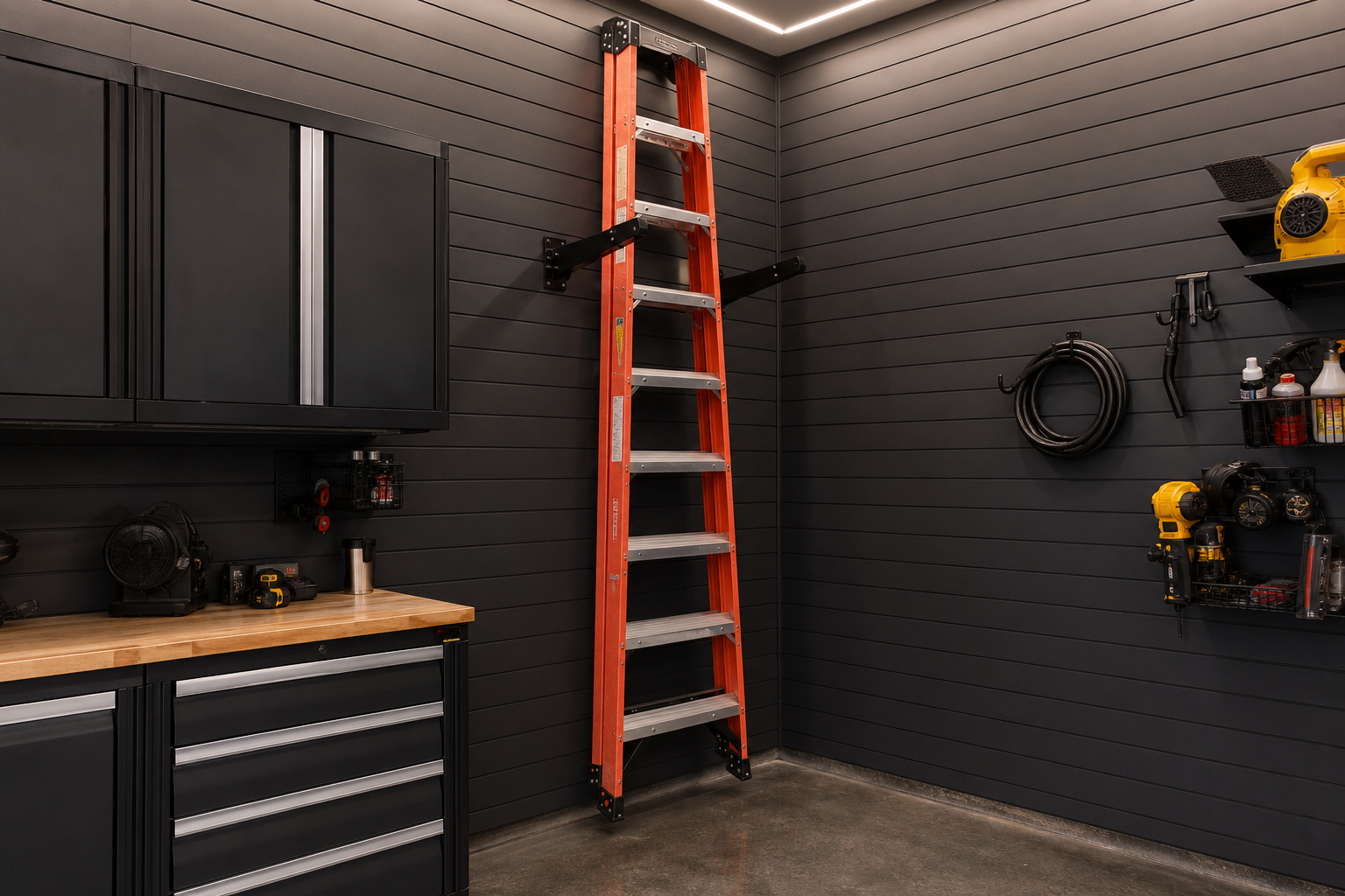 Extension ladder stored vertically in garage corner on black slatwall arm brackets