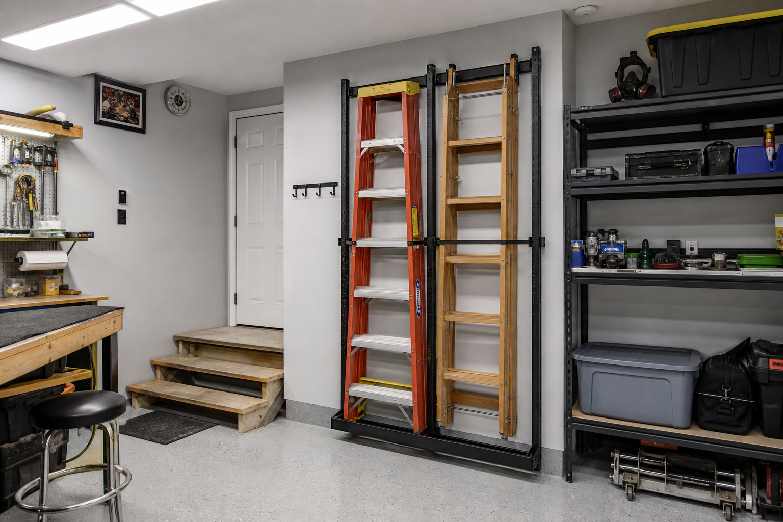Freestanding black steel vertical rack holding two ladders upright in organized grey garage corner
