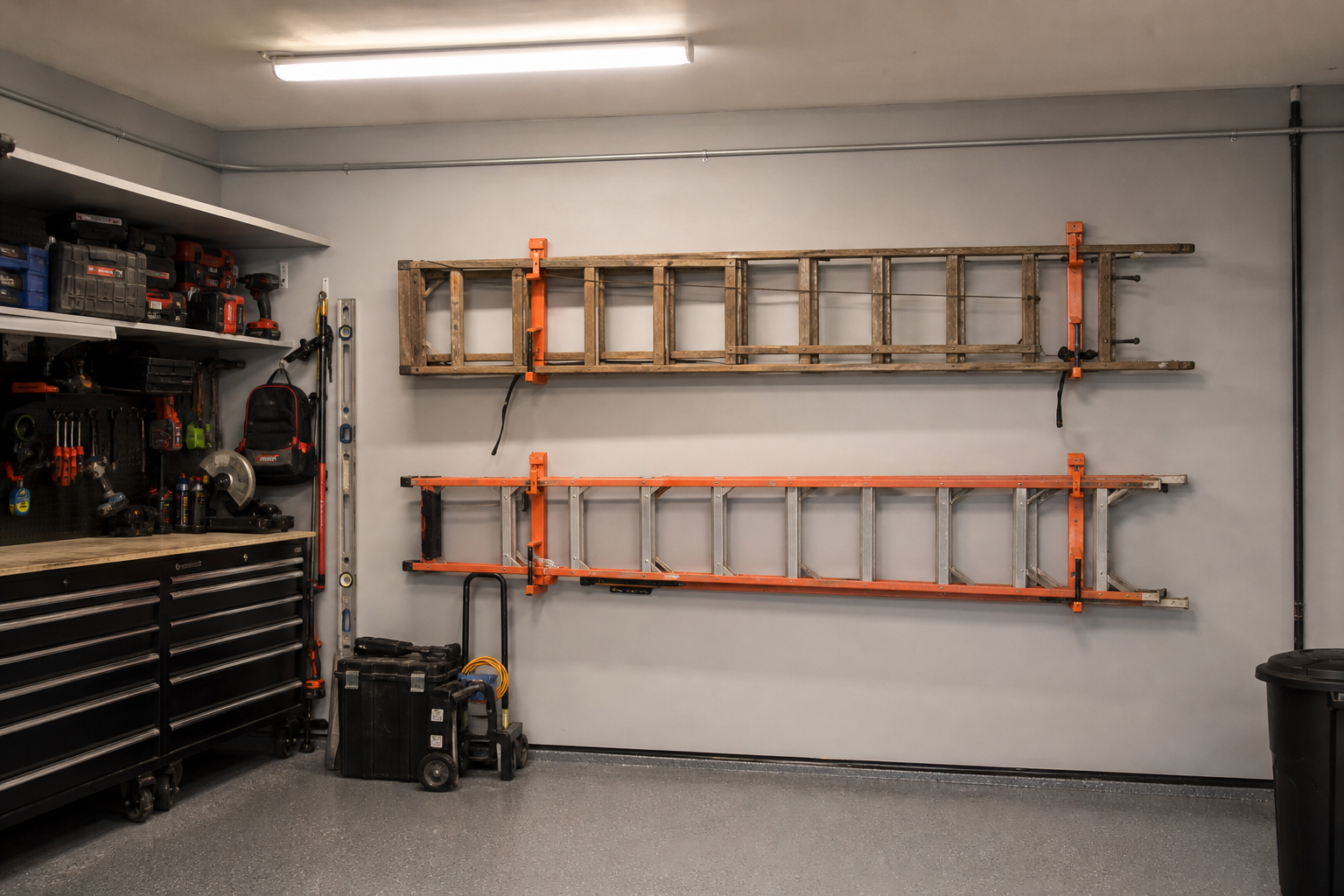 Two ladders stacked horizontally on orange double-tier wall hooks on grey garage wall