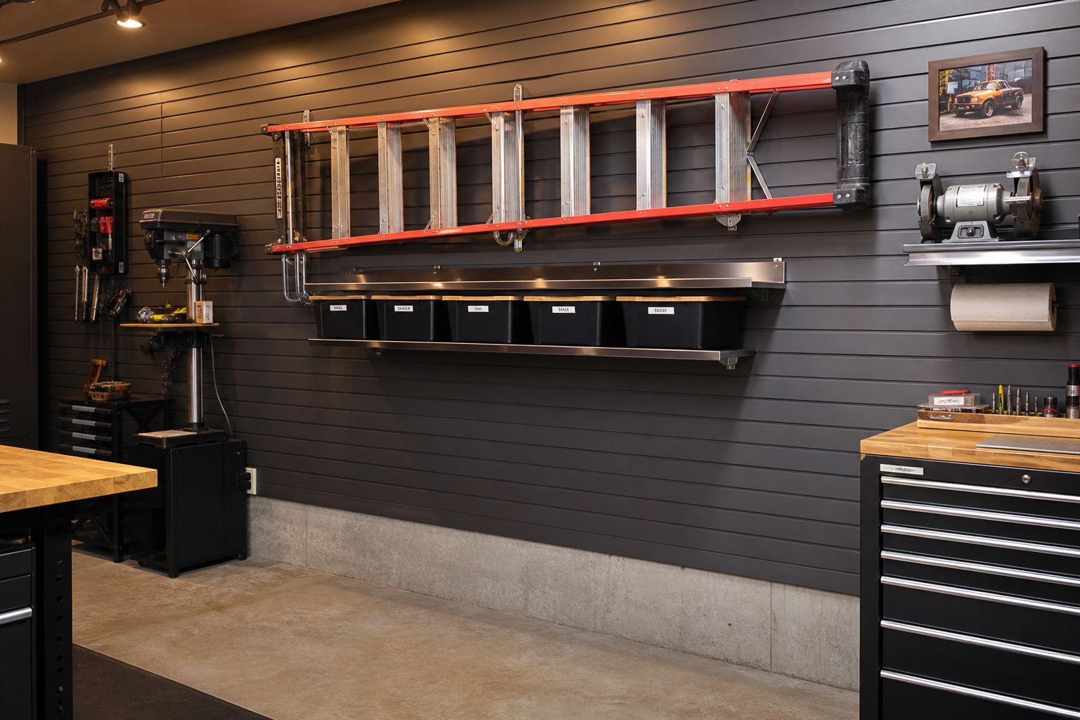 Red fiberglass step ladder mounted flat on dark grey slatwall with chrome storage brackets