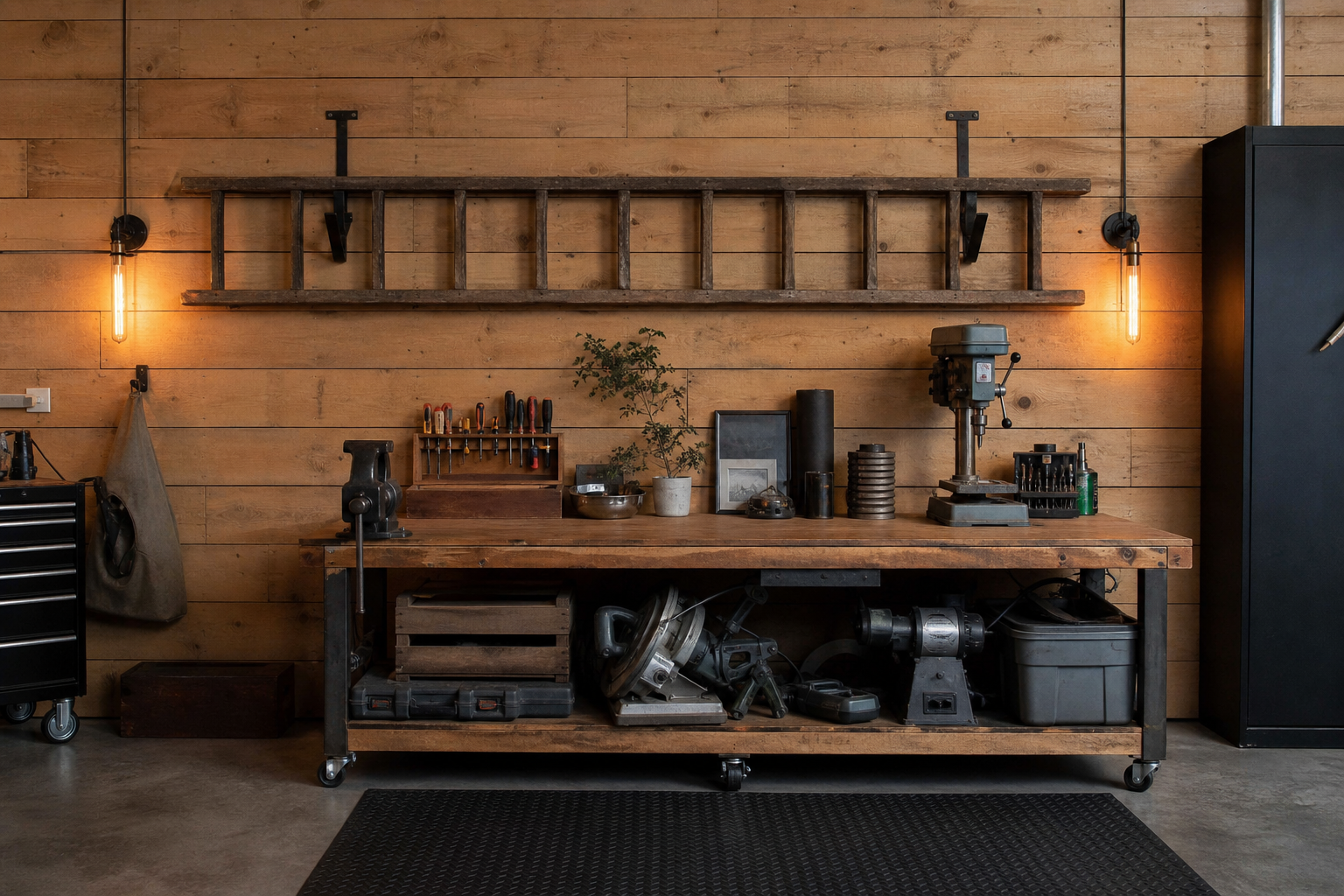Wooden vintage ladder stored on black iron brackets mounted to wood shiplap garage wall