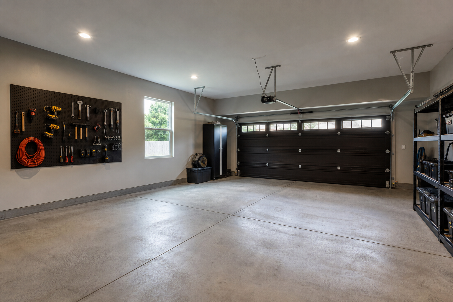 Budget garage refresh with light gray painted walls, pegboard tool organizer, and LED shop lights