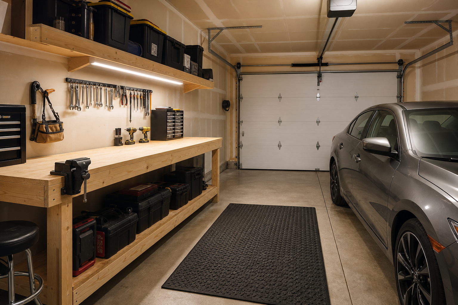 DIY lumber workbench with open shelving and labeled storage bins in a budget garage refresh