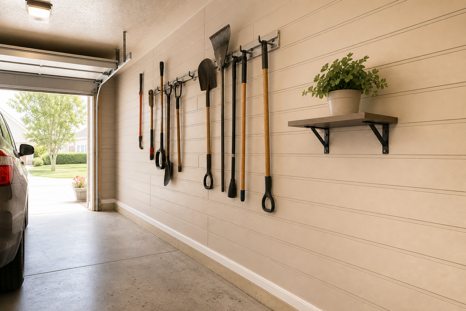 Budget PVC wall panels in beige with garden tool hooks and a small folding shelf in a garage