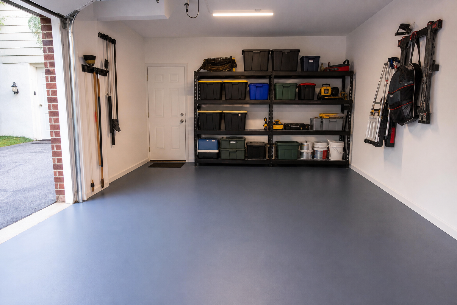Painted concrete floor in slate blue with white walls and freestanding metal shelving in a garage
