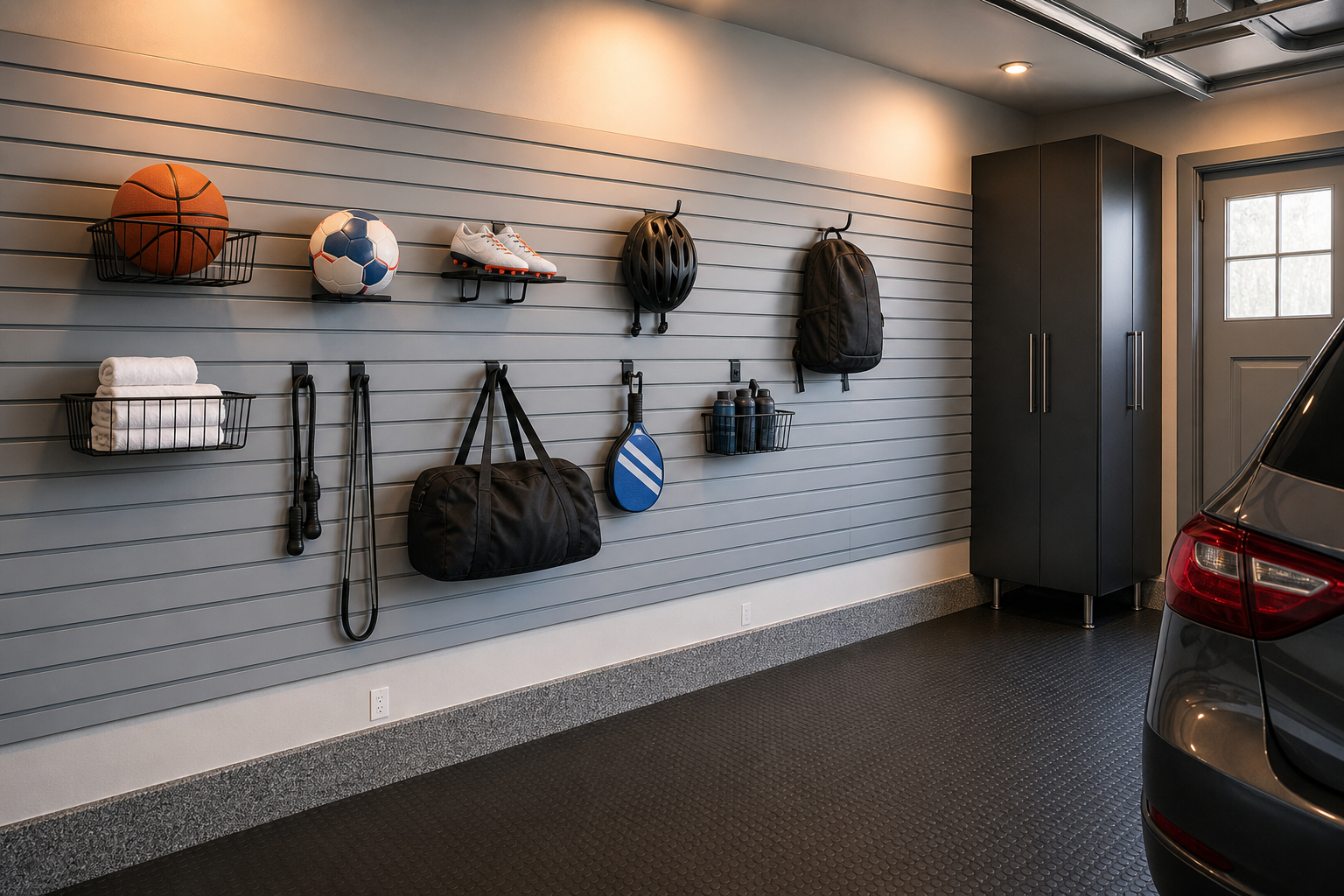 Gray slat wall panels with sports gear hooks and baskets holding basketball and soccer equipment in garage