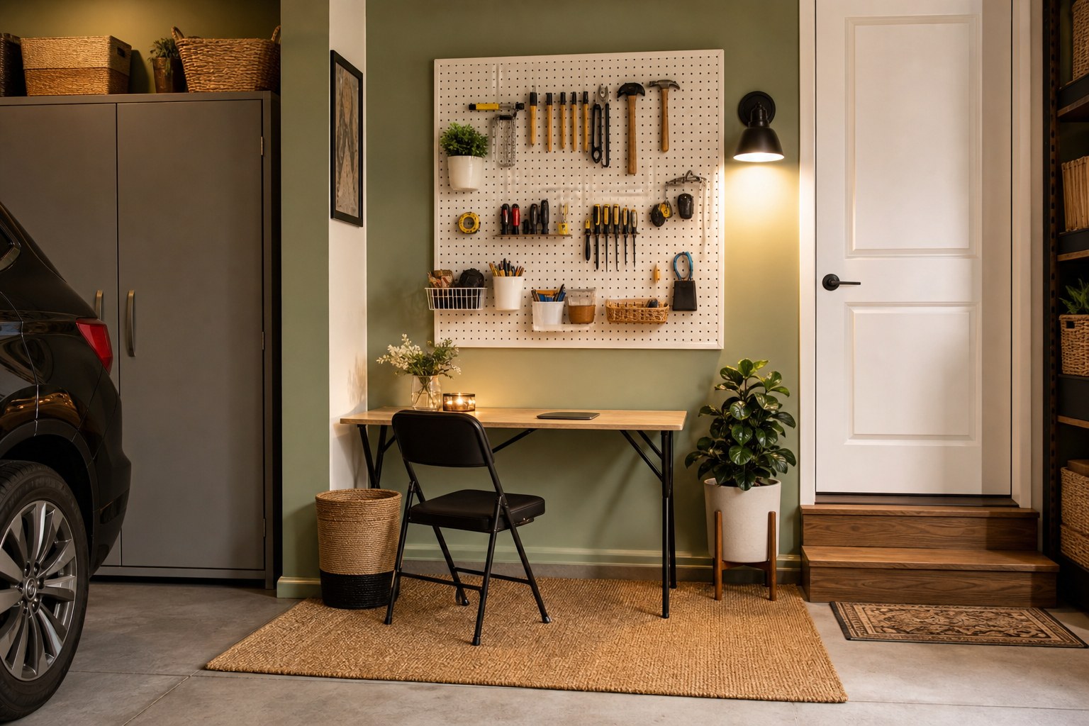 Budget garage corner with white pegboard, folding table, LED wall sconce, and green accent wall