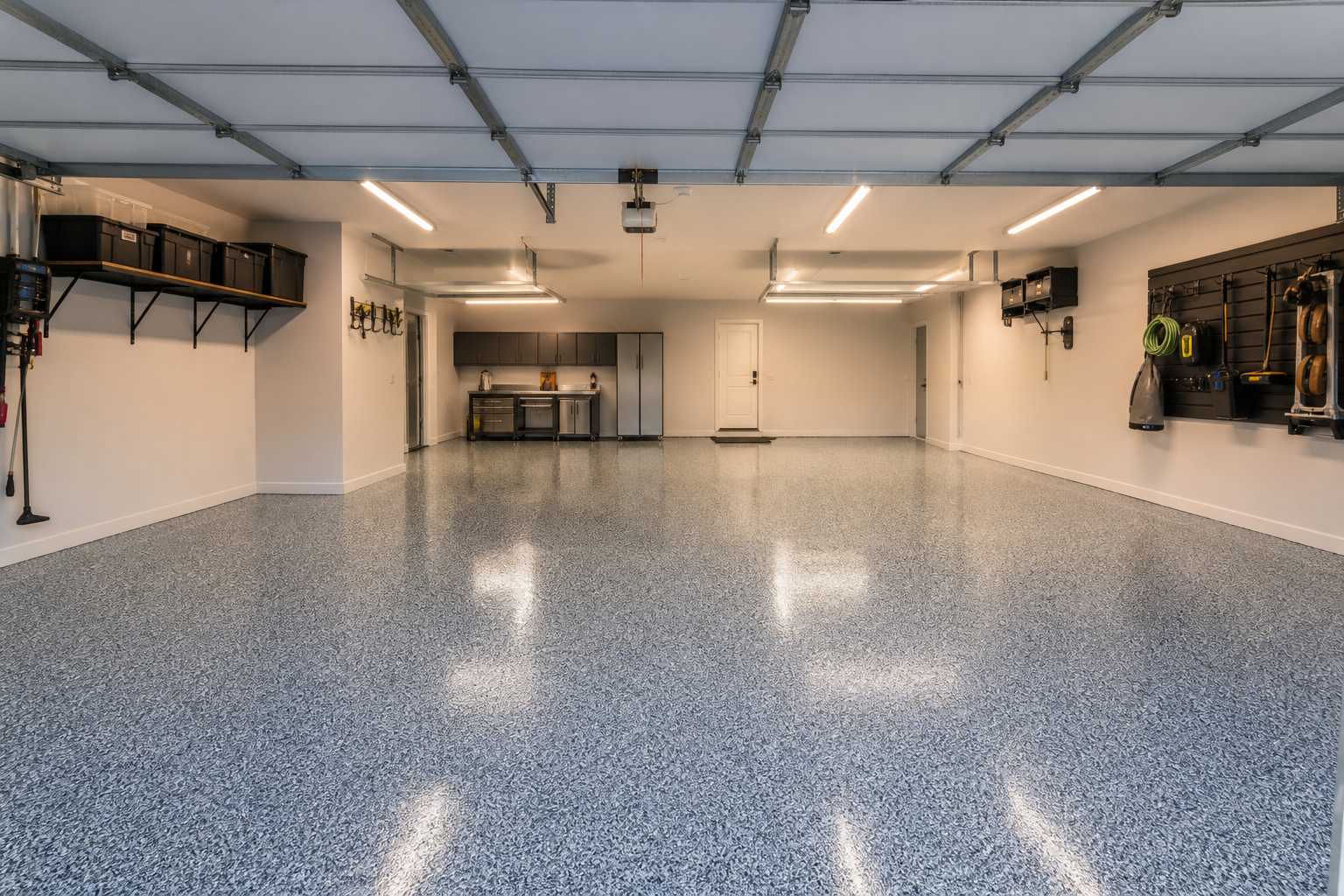 High-gloss blue and gray epoxy flake garage floor with white walls and bright LED shop lighting