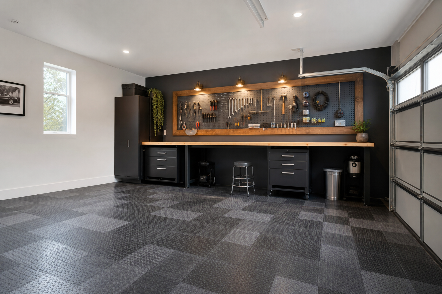 White garage with charcoal gray accent wall, wood-framed pegboard, and gray interlocking rubber floor tiles