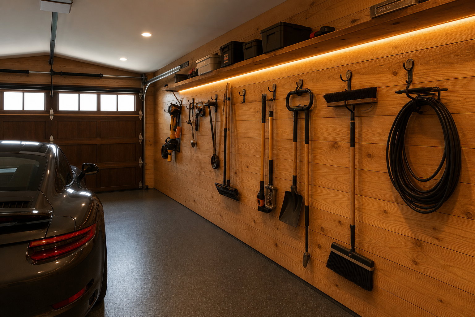 Natural sealed plywood wall panels in horizontal installation with tool hooks and charcoal epoxy floor in garage