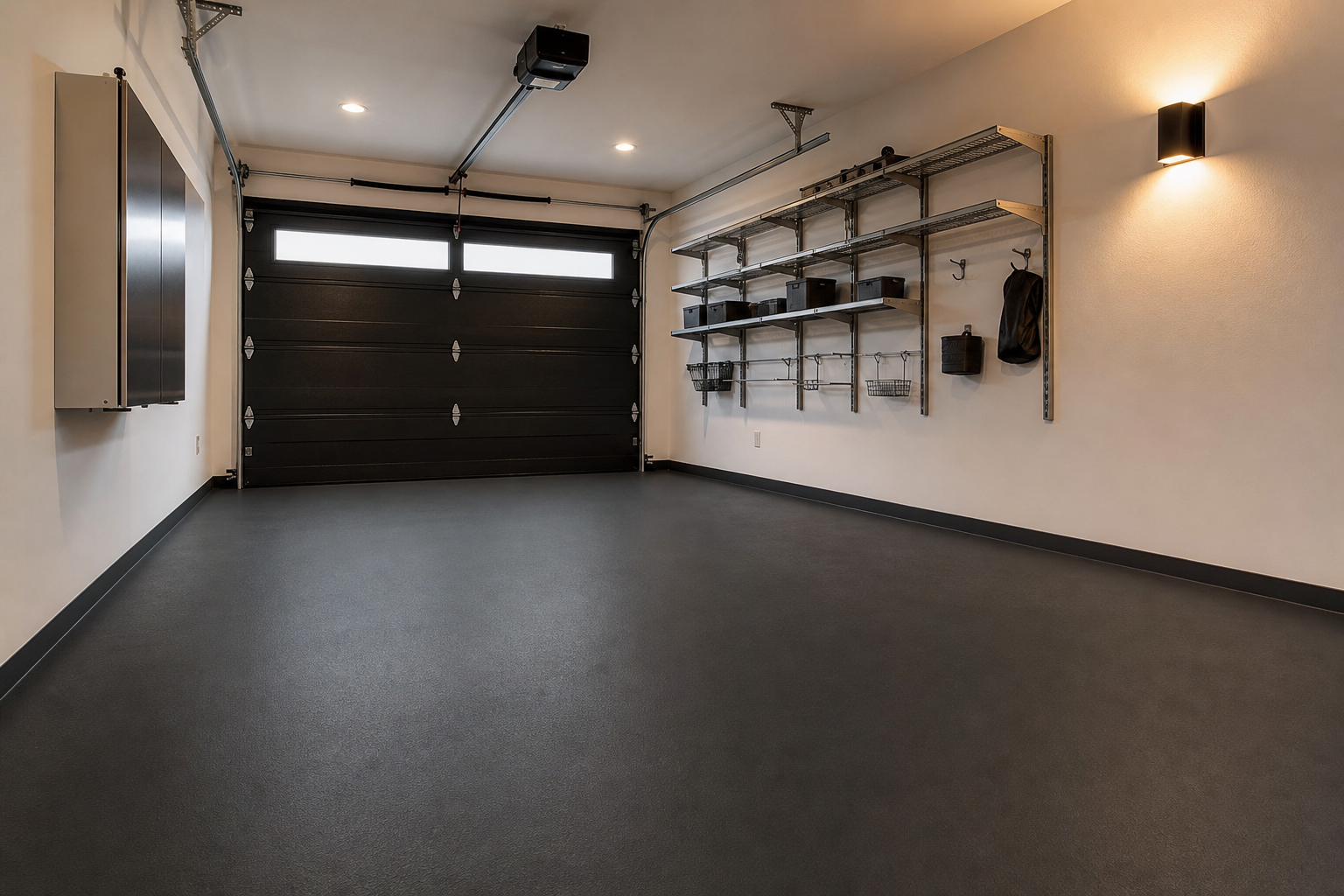 Matte dark charcoal solid epoxy garage floor with white walls, stainless shelving, and LED wall sconce