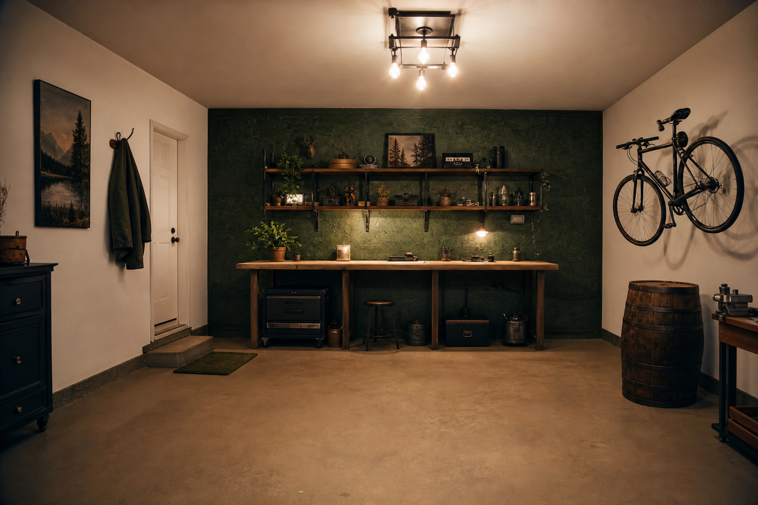 Painted concrete floor in tan with a deep forest green painted OSB accent wall and wooden workbench in a garage