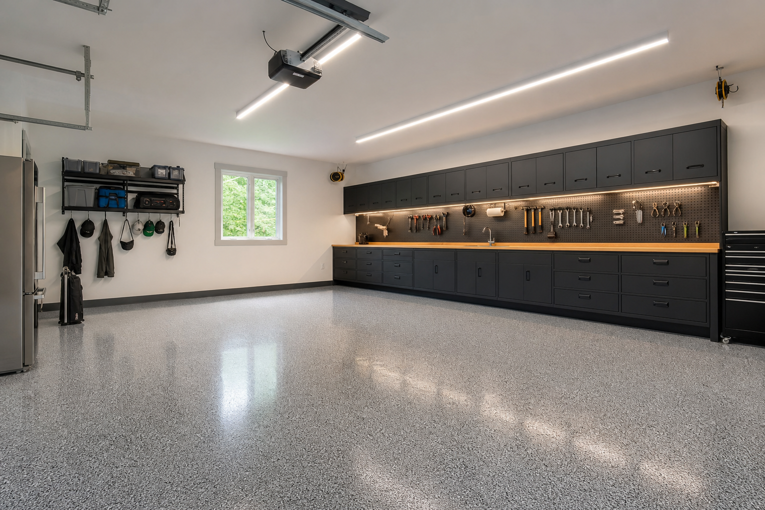 Fully renovated two-car garage workshop with epoxy floor, built-in workbench, cabinets, and LED lighting