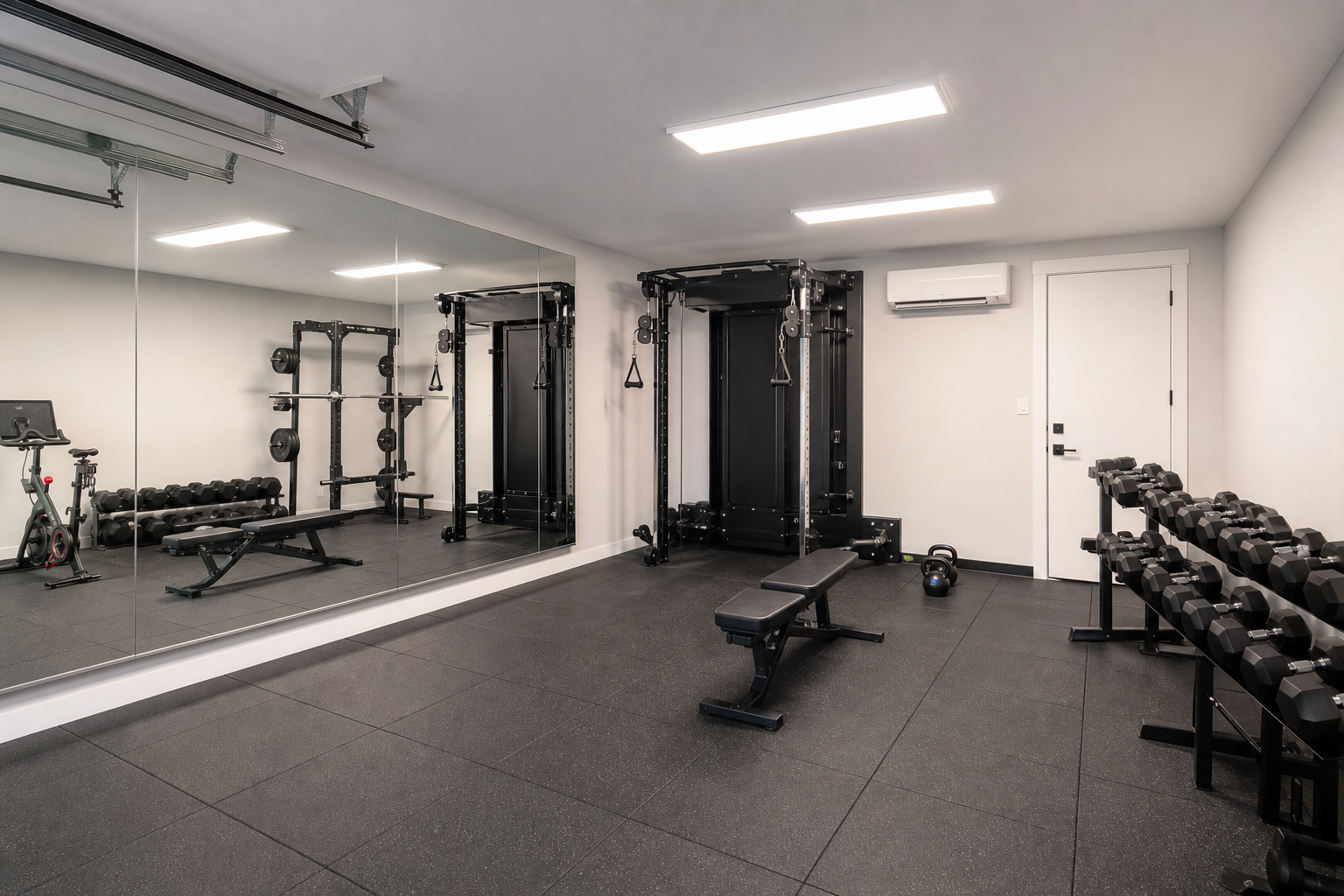 Renovated garage home gym with rubber tile floor, floor-to-ceiling mirrors, cable machine, and mini-split
