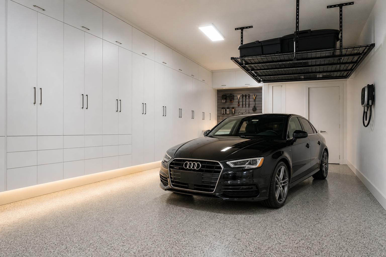 Modern two-car garage renovation with white floor-to-ceiling cabinets, epoxy floor, and overhead ceiling storage