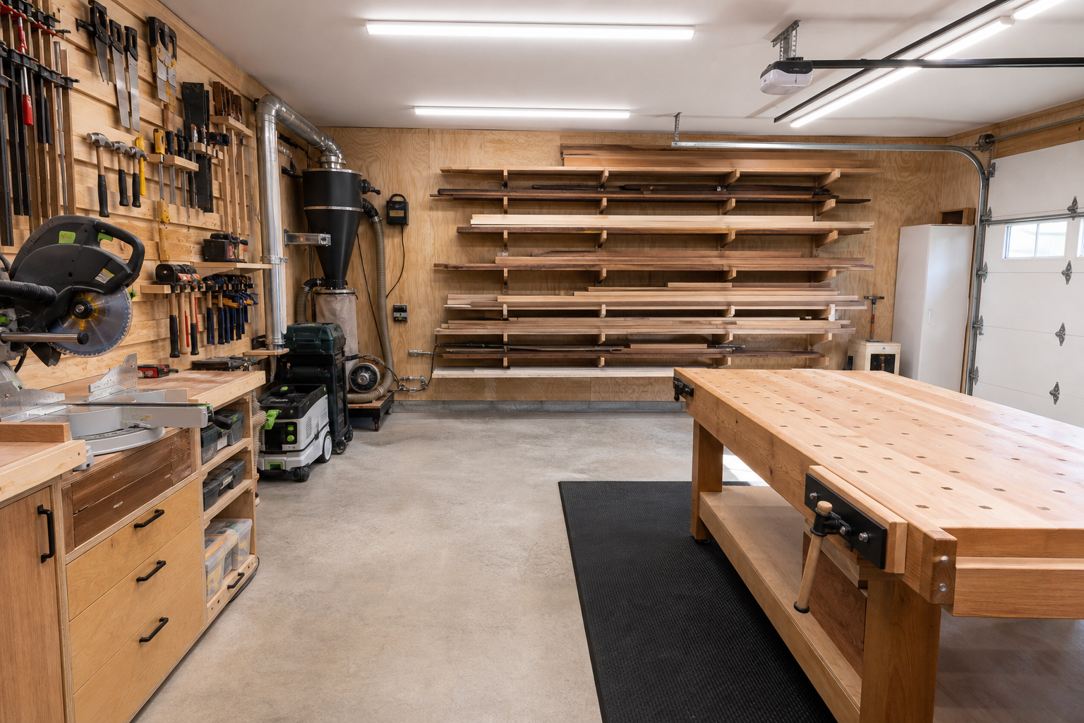 Renovated garage woodworking shop with plywood walls, built-in workbench, dust collection, and lumber rack