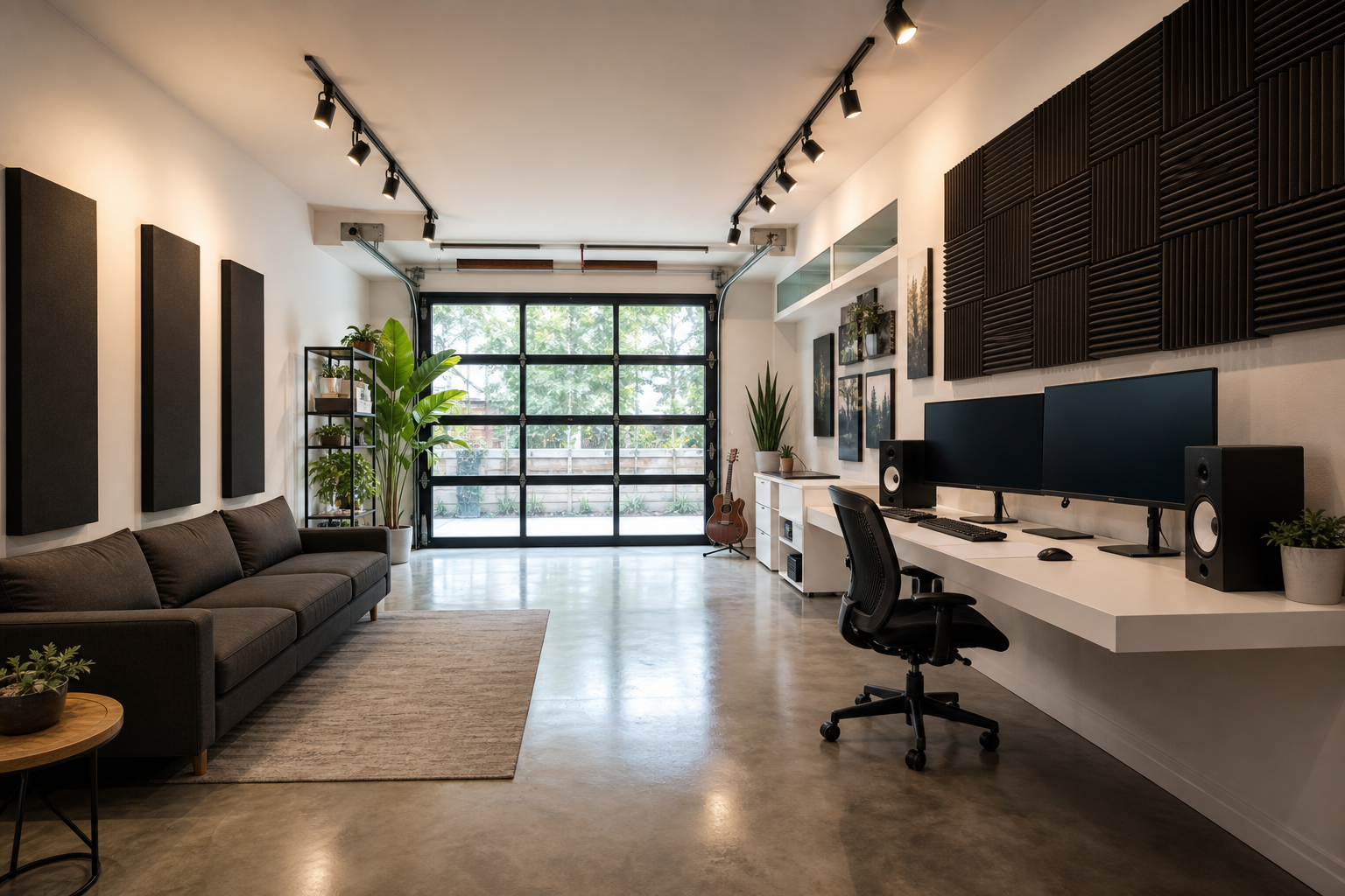 Garage renovation into a modern home office and studio with acoustic panels, glass garage door, and floating desk